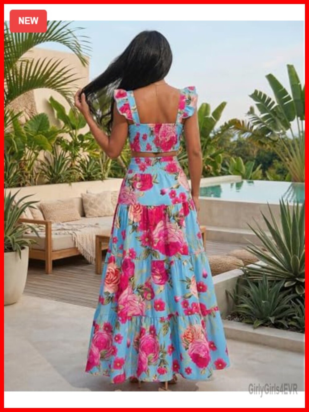 2 Piece Maxi Skirt Set Boho Floral Crop Top Summer Vacation Outfit - Picture 2 of 6